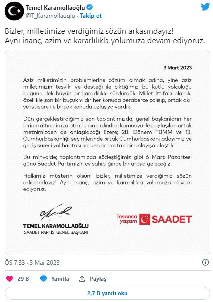 Altılı Masa'nın dağılması sonrası Karamollaoğlu'ndan dikkat çeken paylaşım: 'Yolumuza devam ediyoruz'